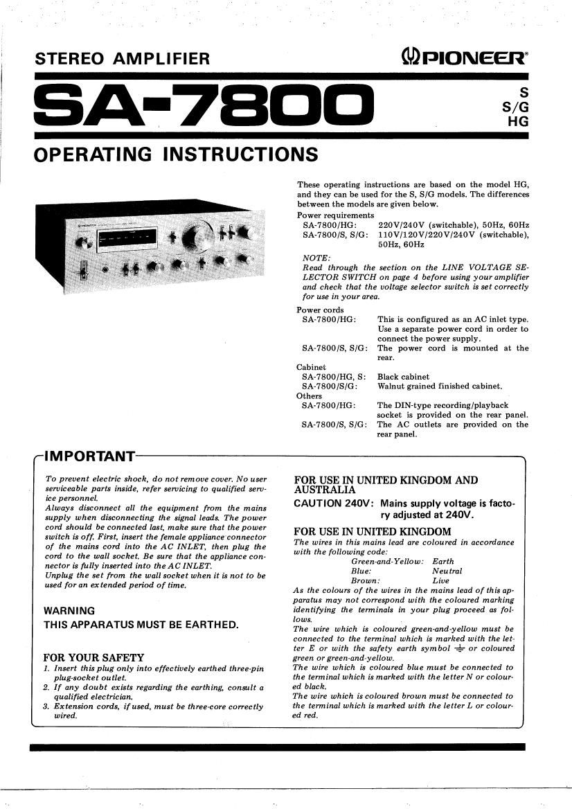 pioneer sa 7800 owners manual