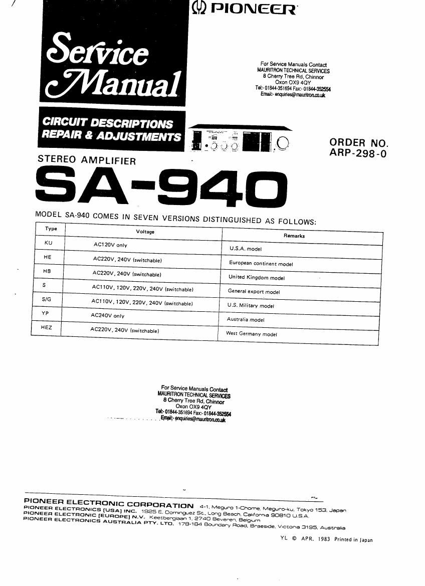 pioneer sa 940 service manual