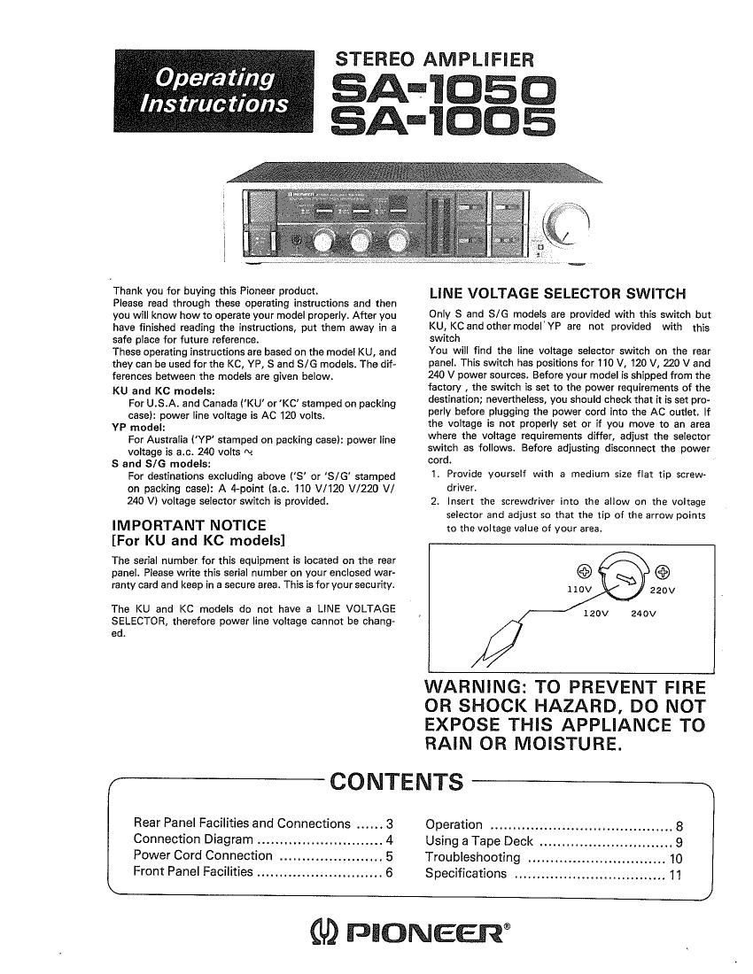 Pioneer SA 1005 Owners Manual