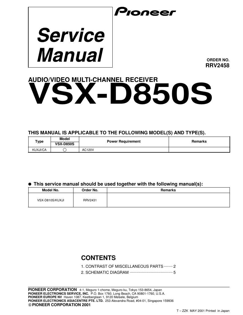 pioneer vsxd 850 service manual