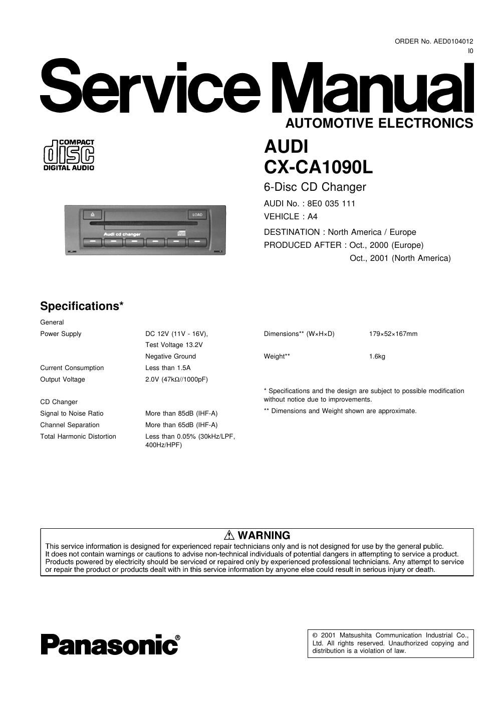 panasonic cx ca 1090 l service manual