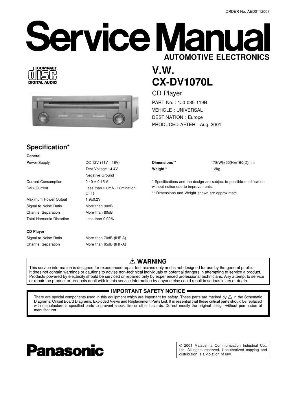 panasonic cx dv 1070 l service manual