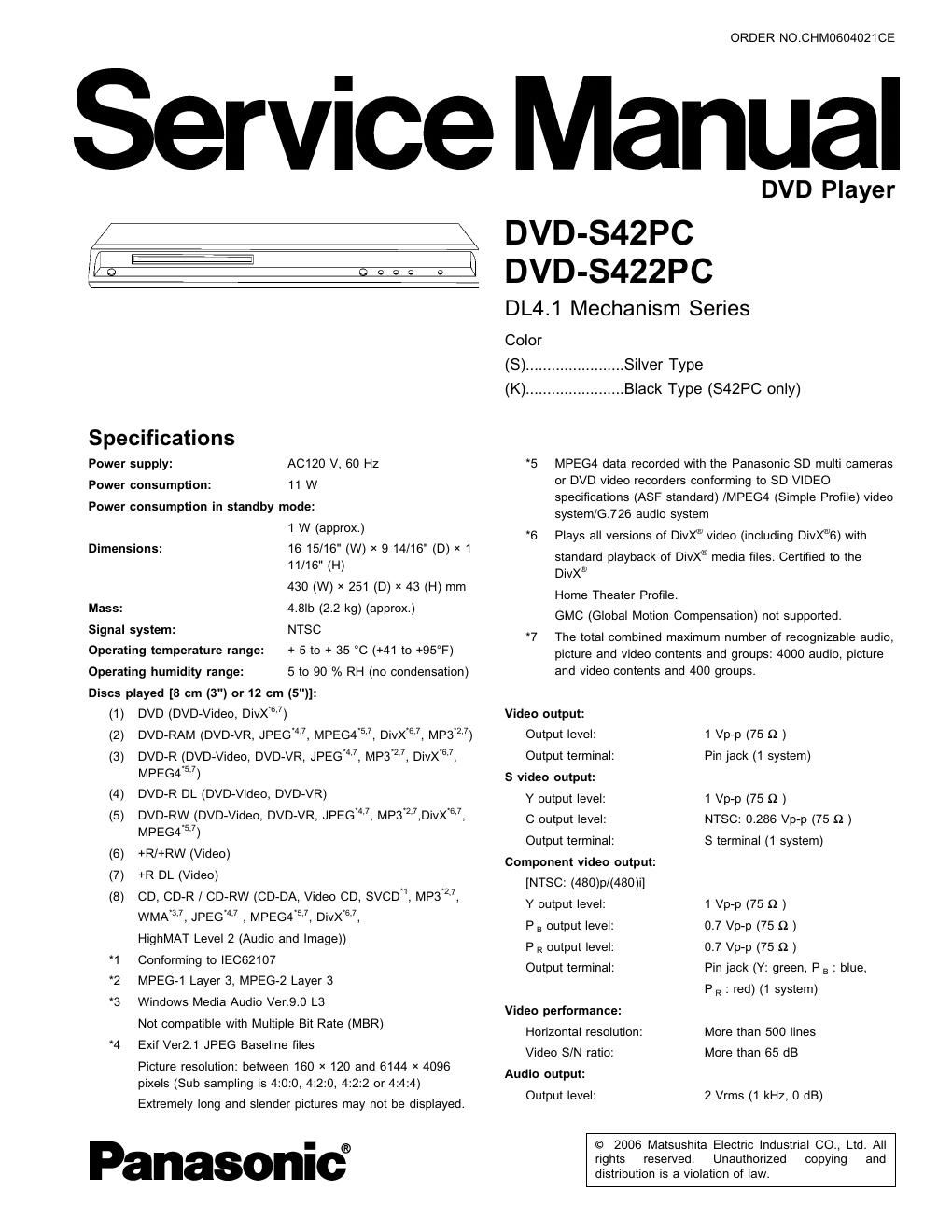 panasonic dvd s 422 pc service manual