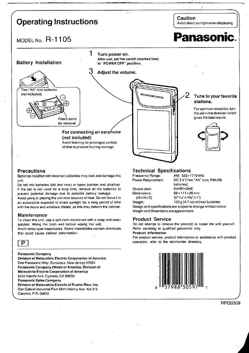 panasonic r 1105 owners manual