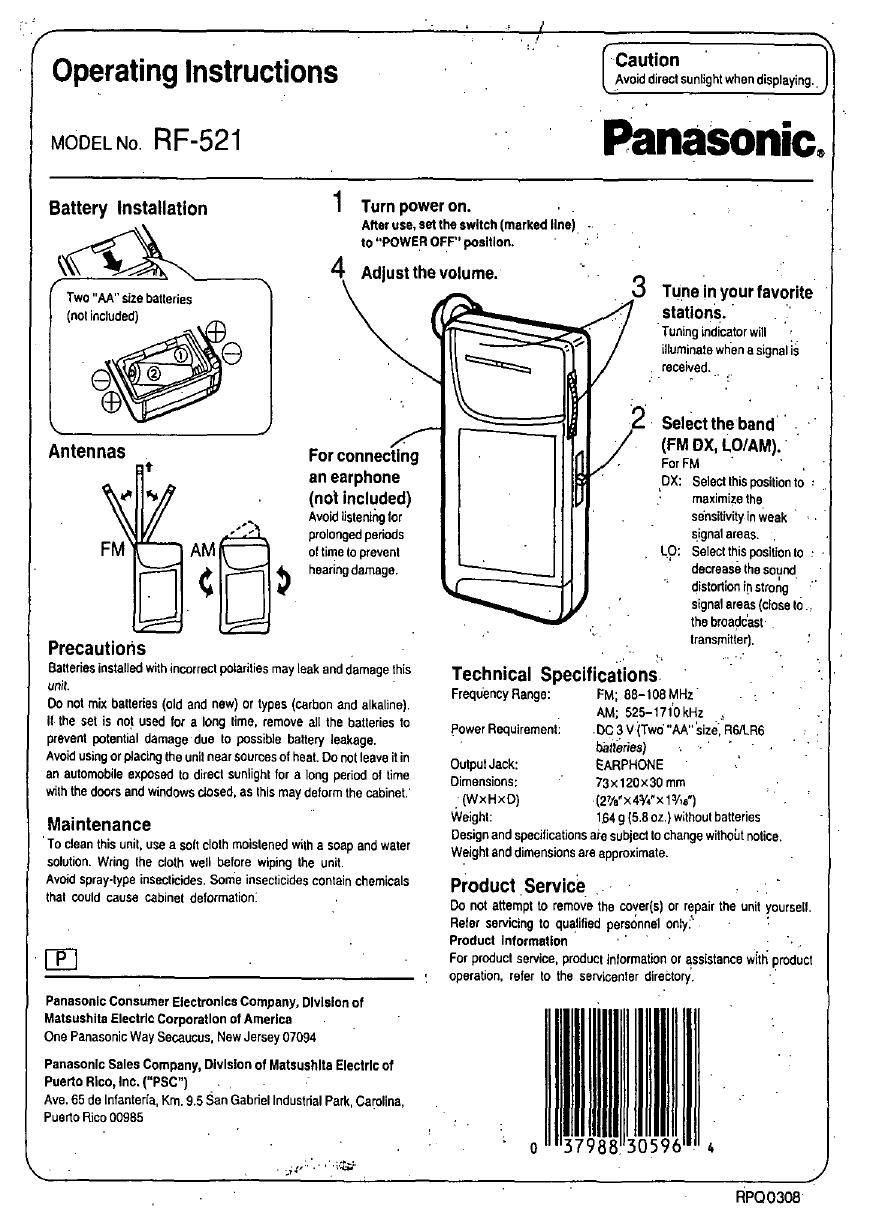 panasonic rf 521 owners manual