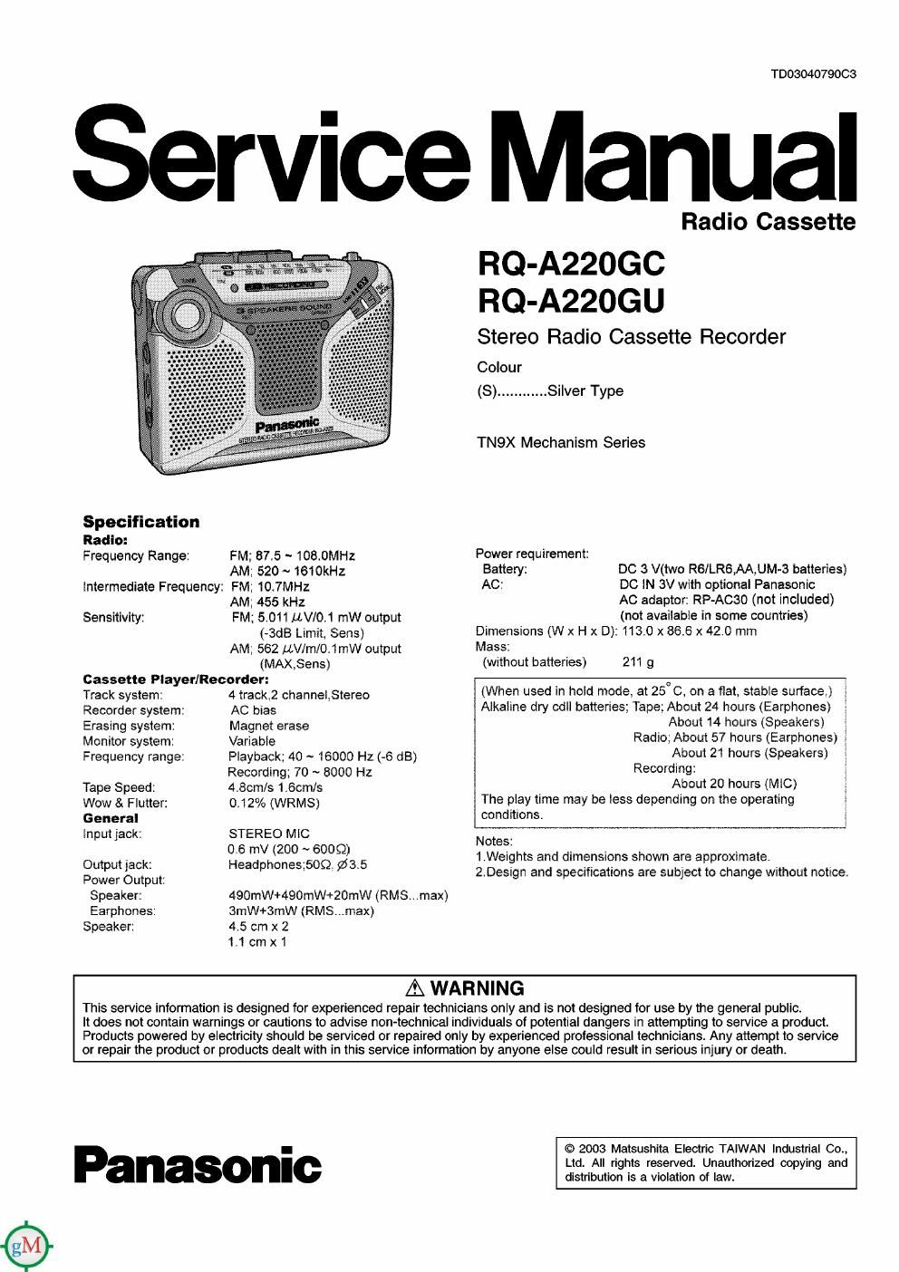 panasonic rq a 220 gu service manual