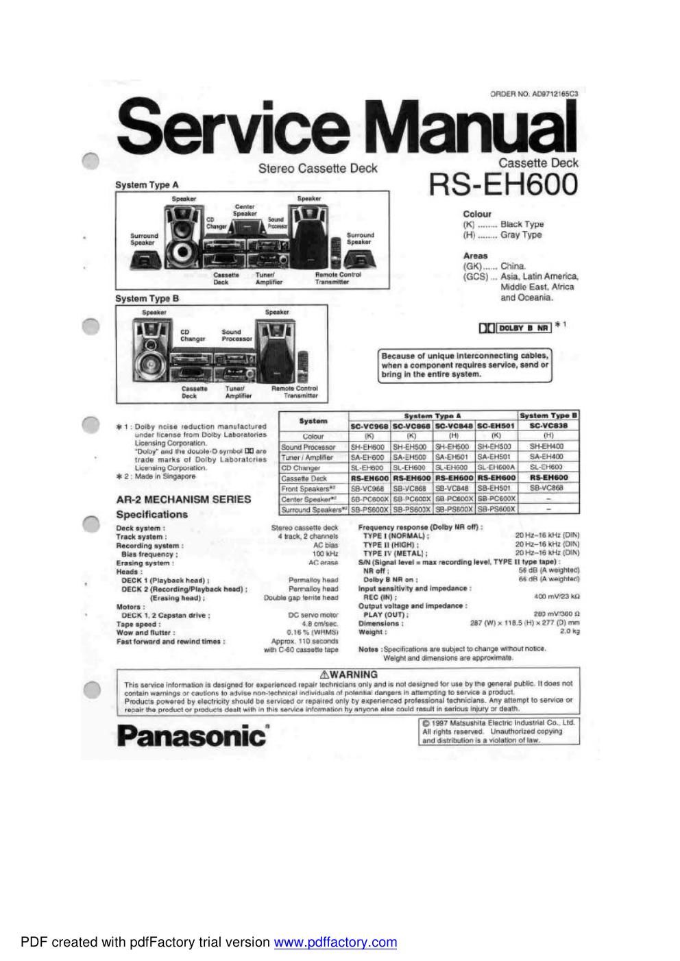 panasonic rs eh 600 service manual