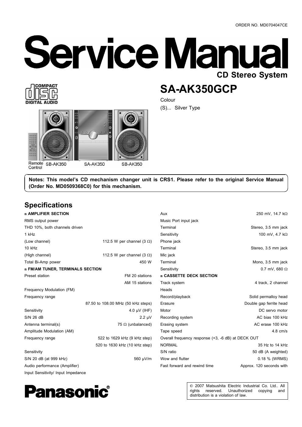 panasonic sa ak 350 gcp service manual