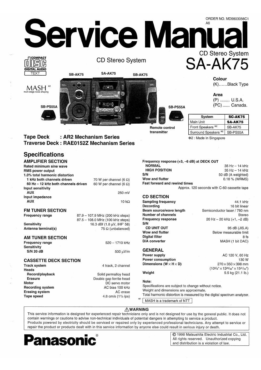 panasonic sa ak 75 service manual