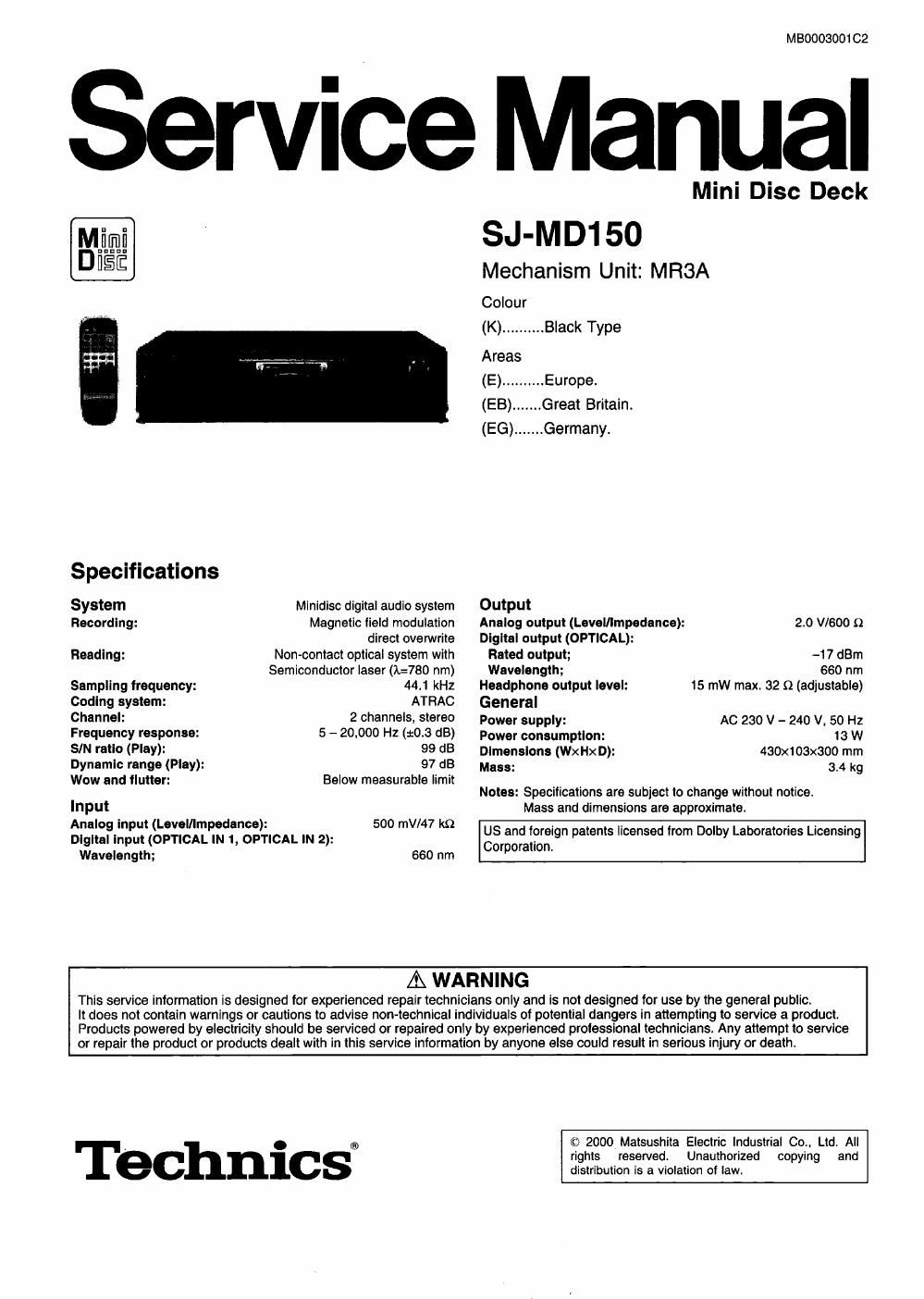 panasonic sj md 150 service manual