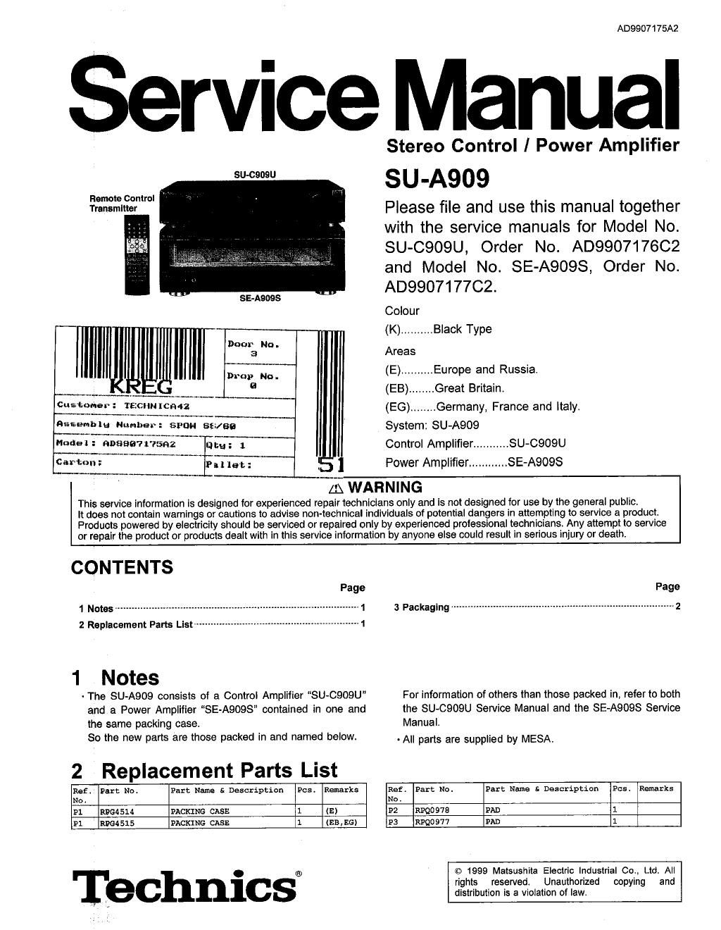 Free Audio Service Manuals Free Download Panasonic Su A 909 Service Manual 0144