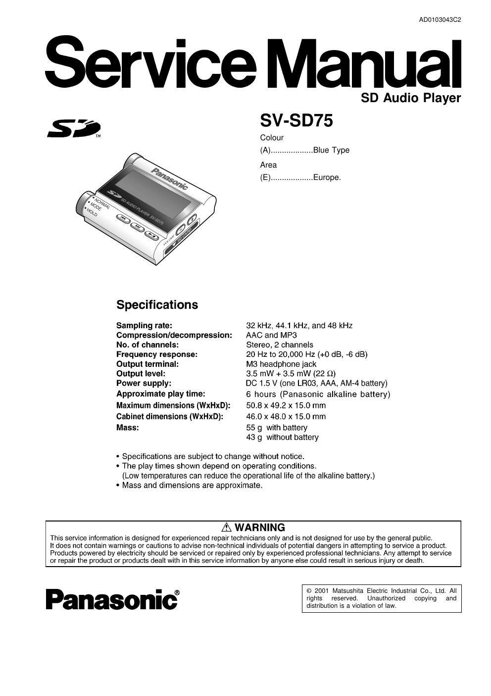 panasonic sv sd 75 service manual