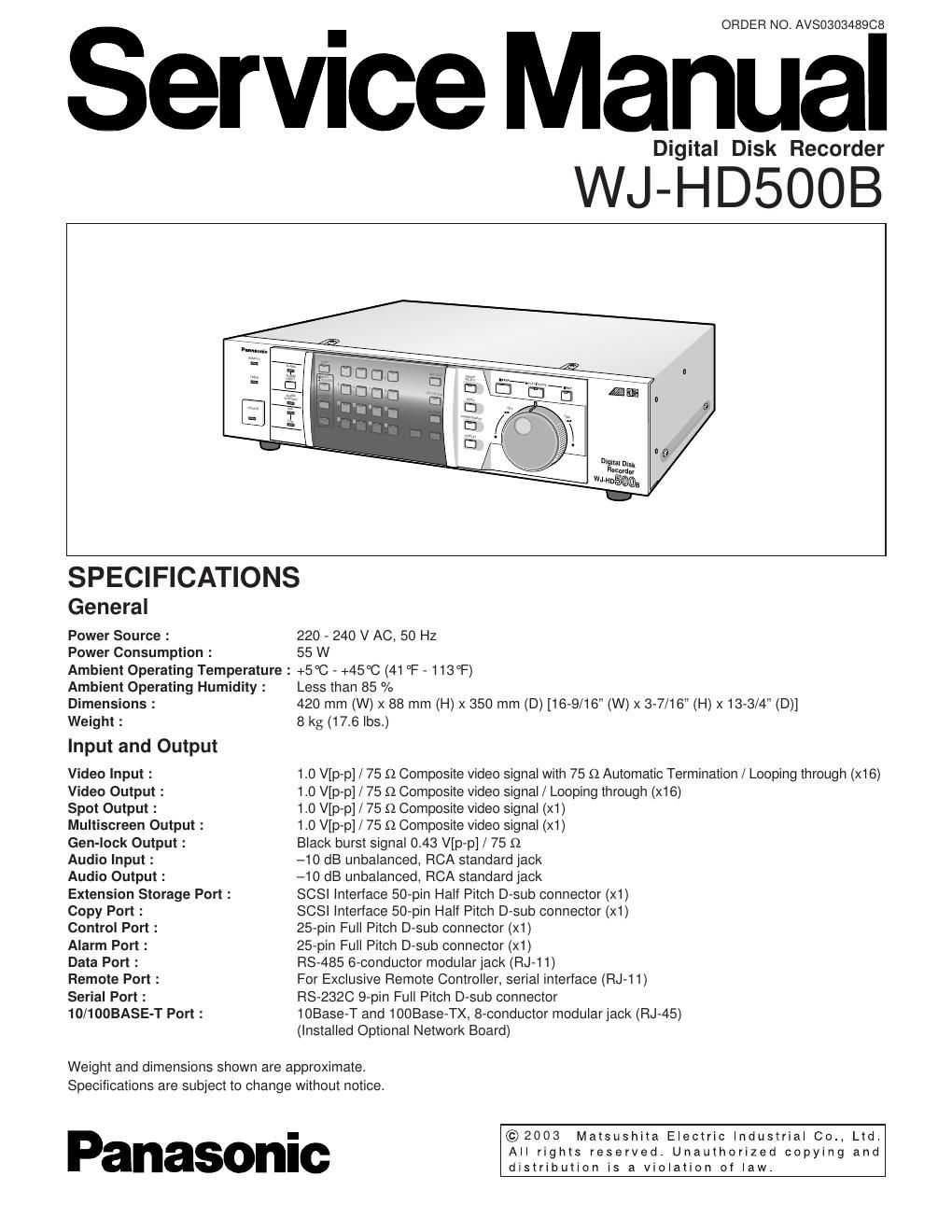 panasonic wj hd 500 b service manual