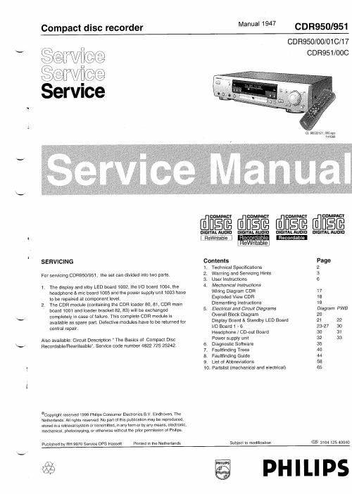 philips cd r 951 service manual