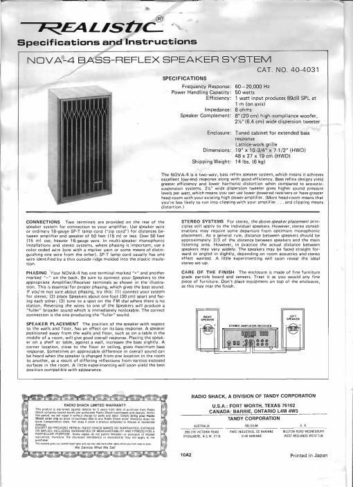 realistic nova 4 owners manual