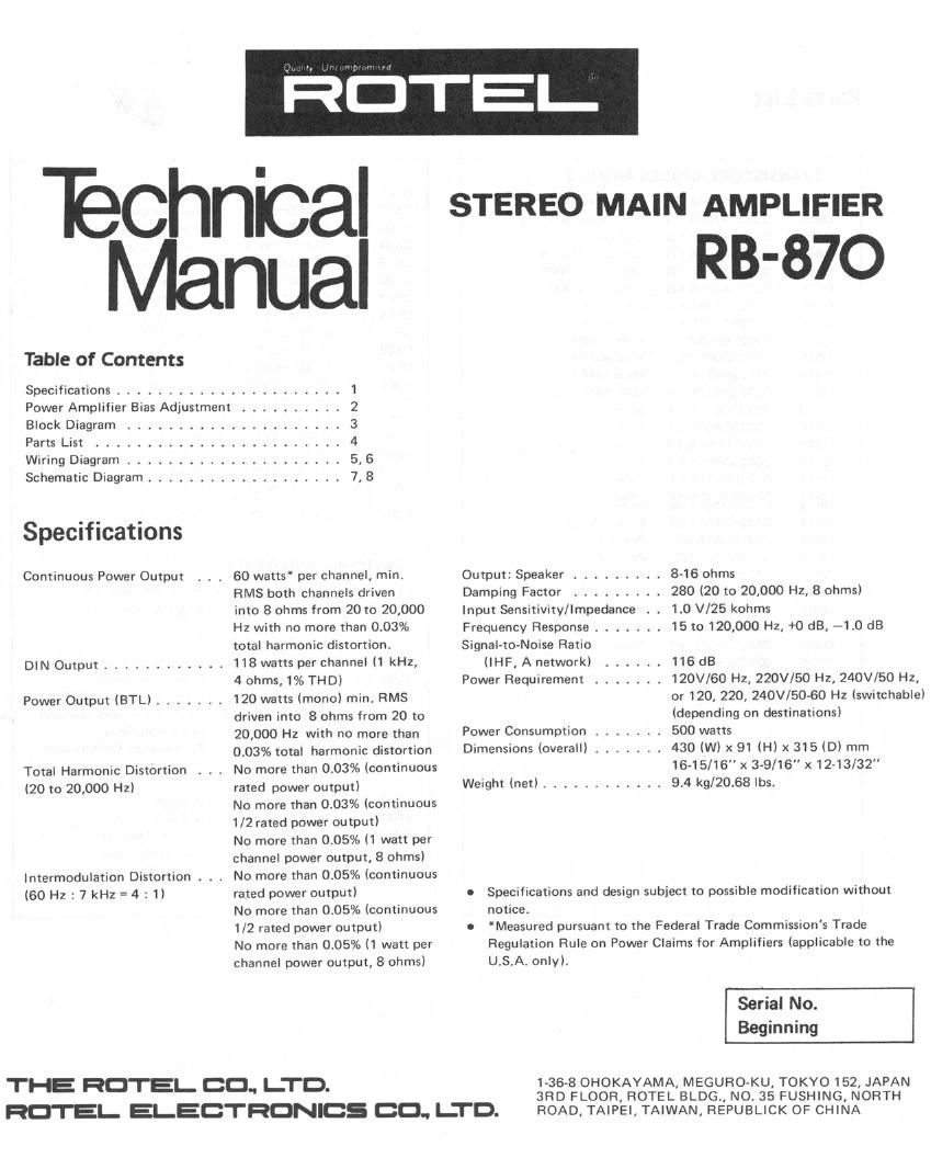 Rotel RB 870 Service Manual