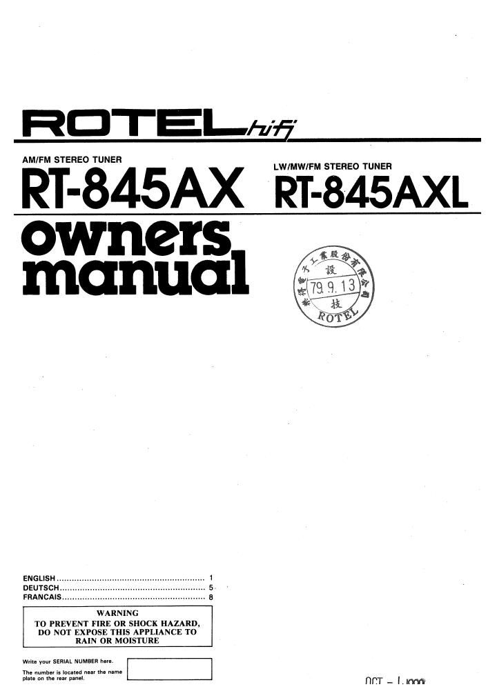 Rotel RT 845AX 845AXL OM