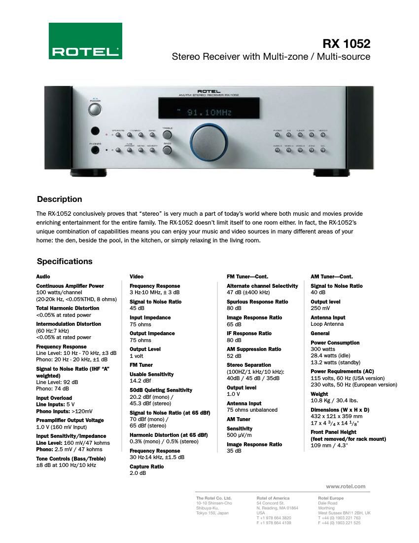 Rotel RX 1052 Brochure