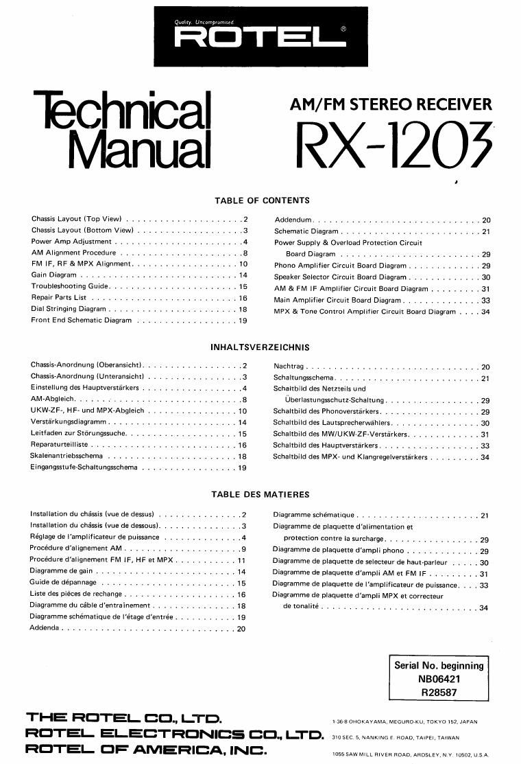 Rotel RX 1203 Service Manual