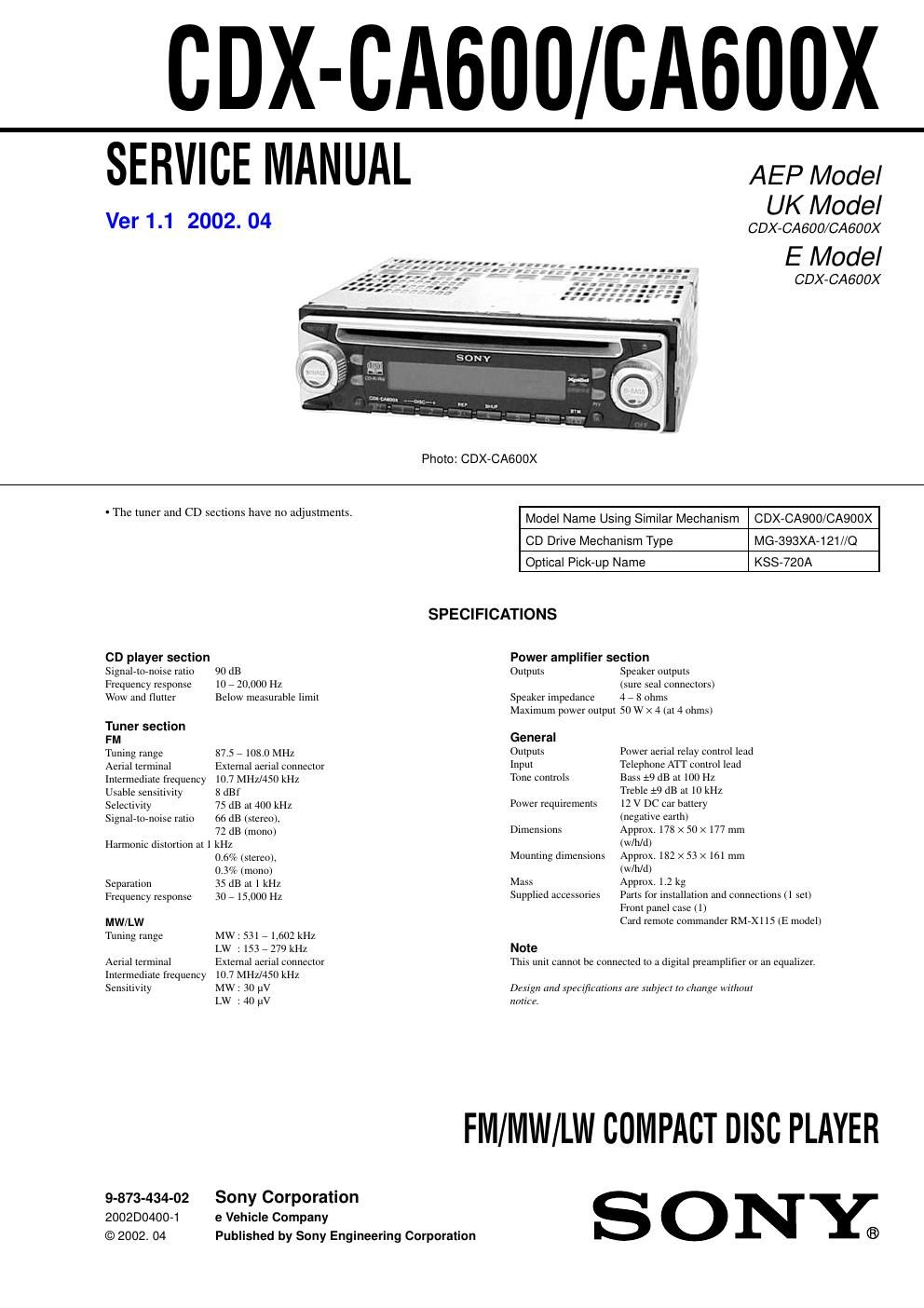 sony cdx ca 600 service manual