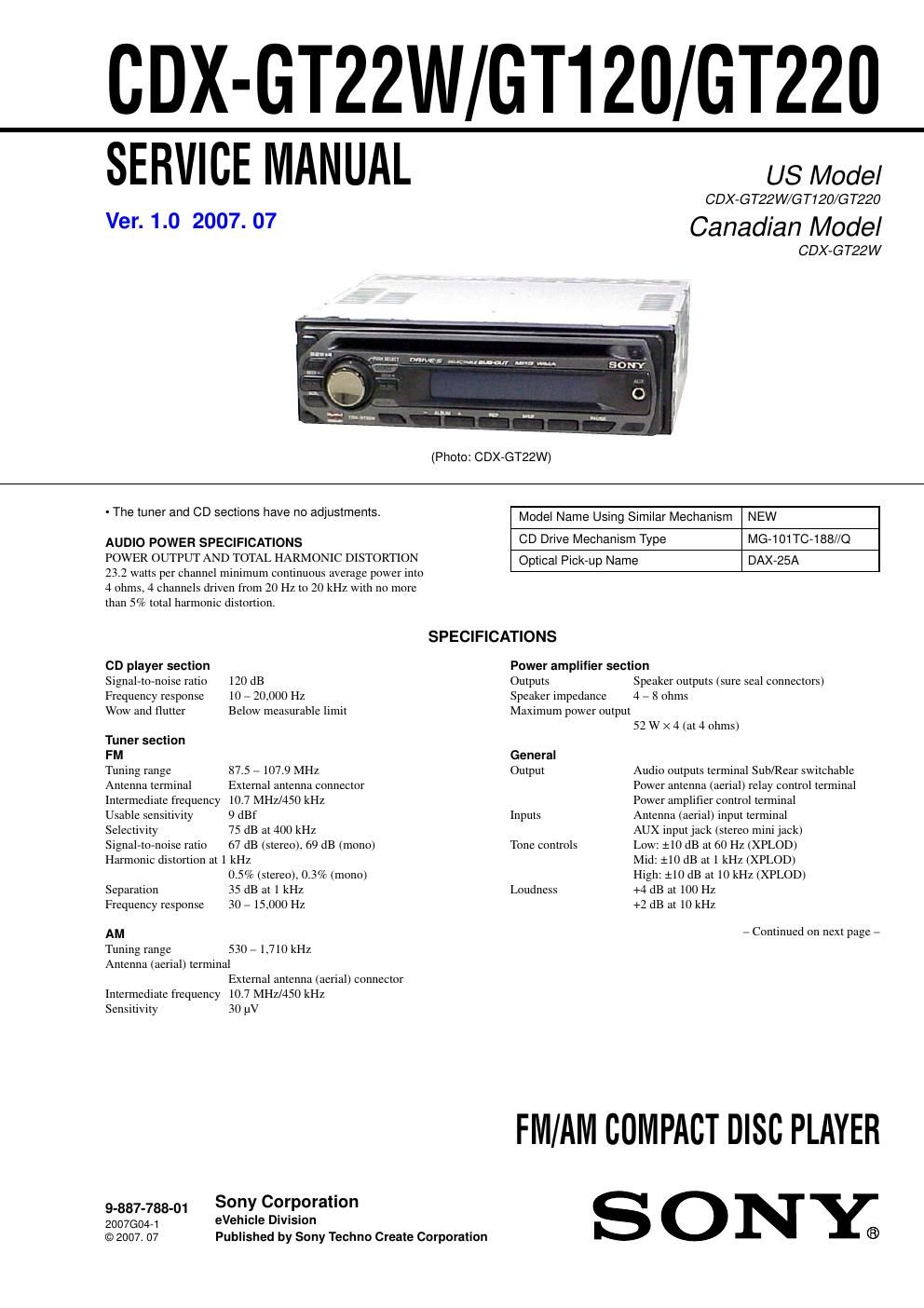 sony cdx gt 120 service manual