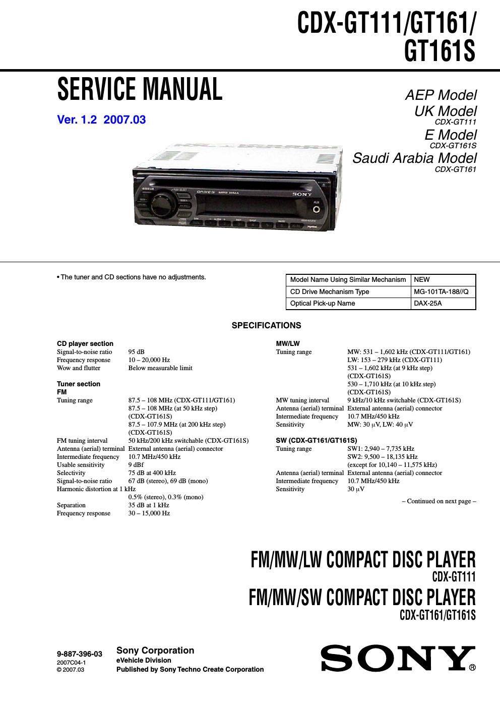 sony cdx gt 161 service manual