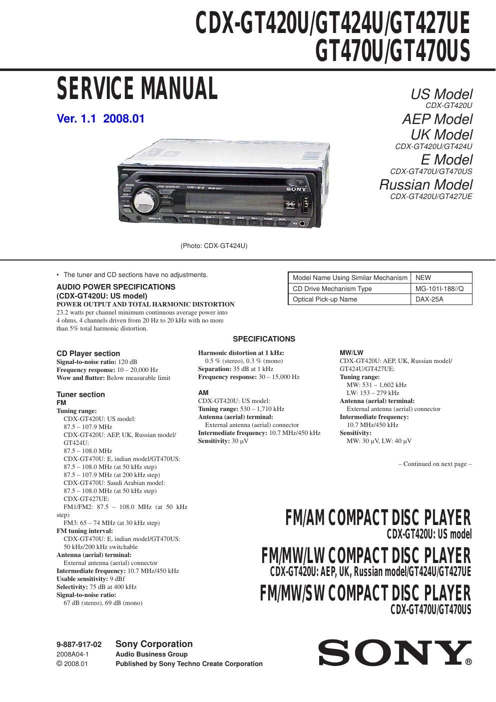 sony cdx gt 427 ue service manual