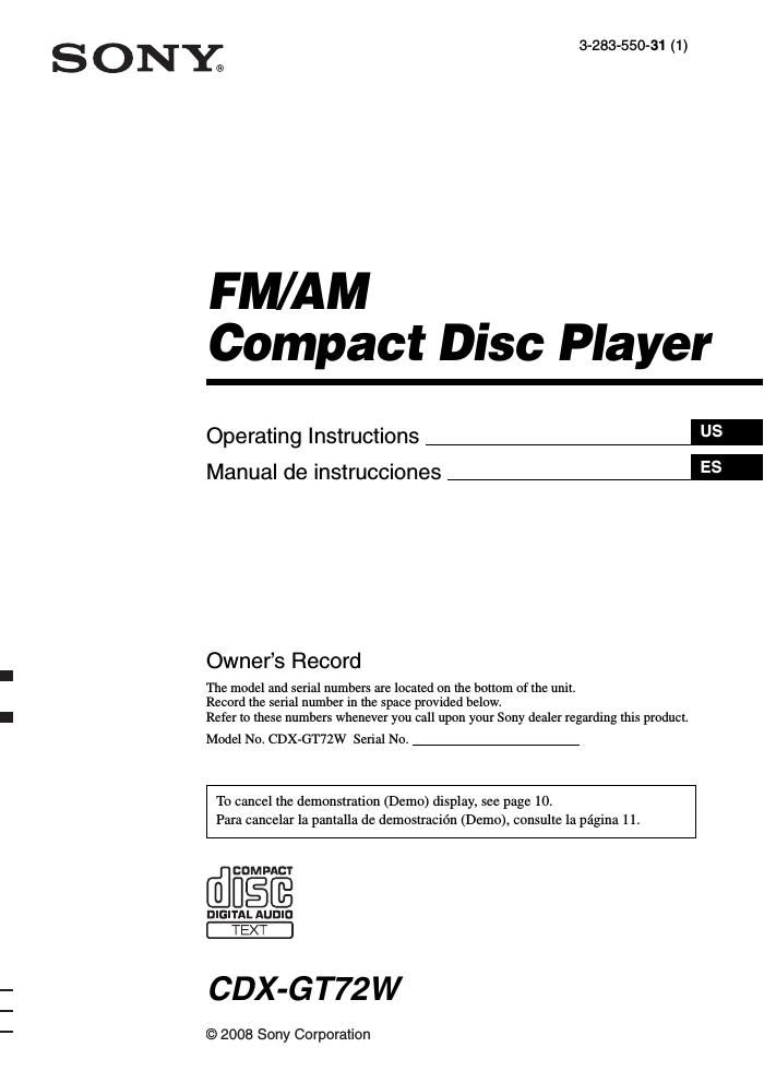 sony cdx gt 72 w owners manual