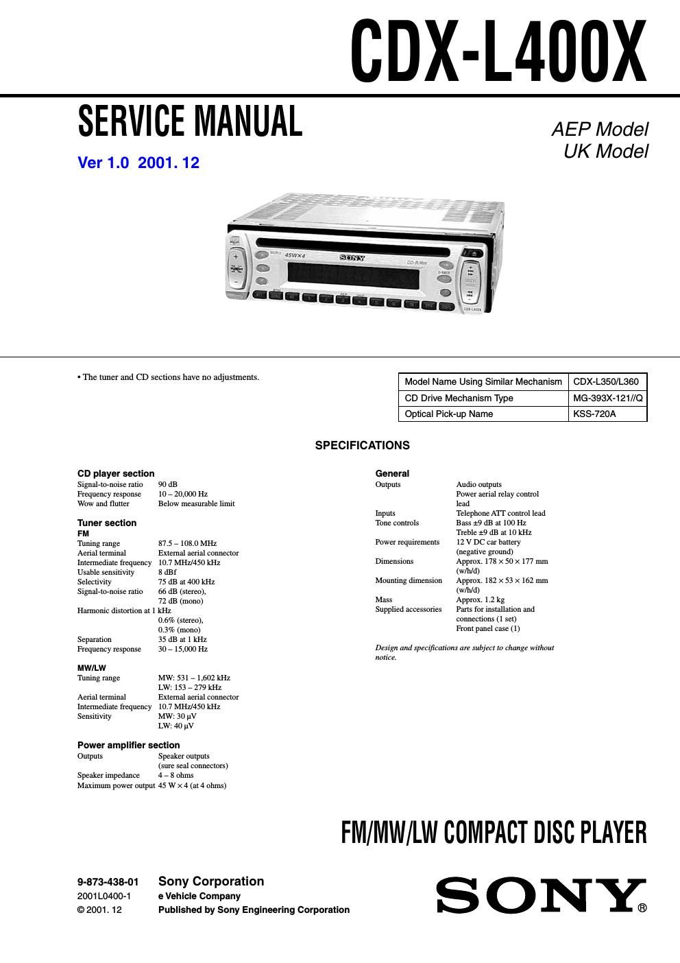 sony cdx l 400 x service manual