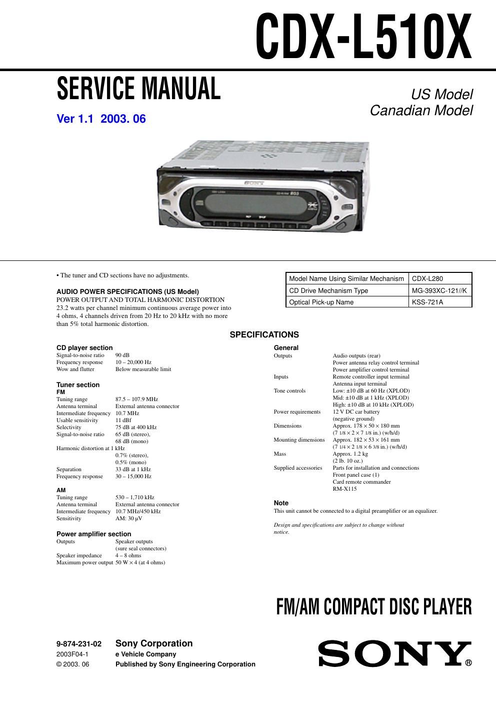 sony cdx l 510 x service manual