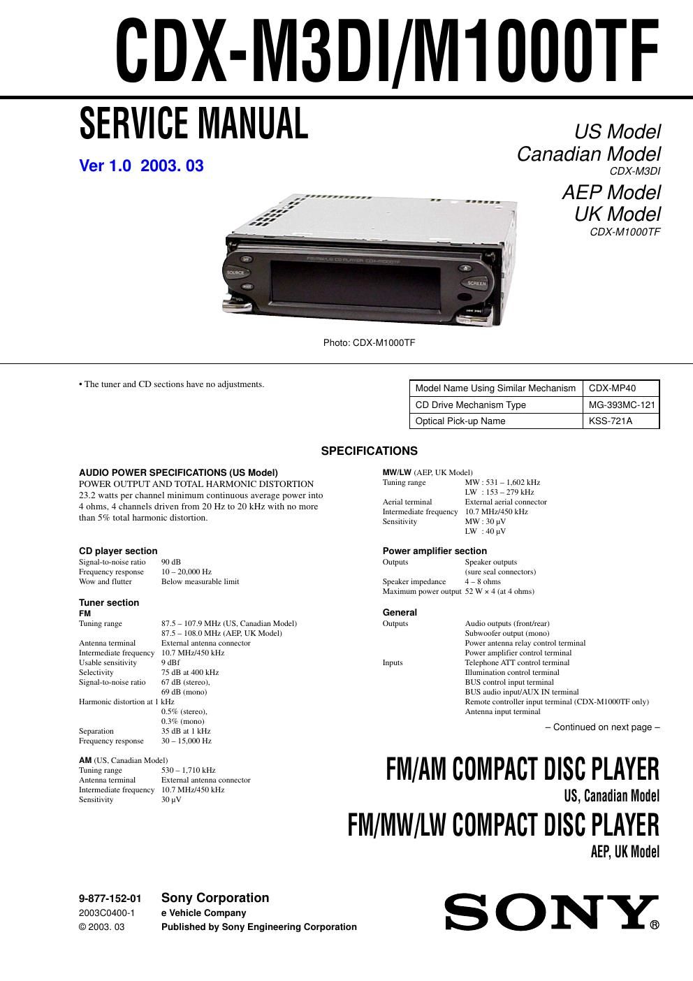 sony cdx m 3 di service manual