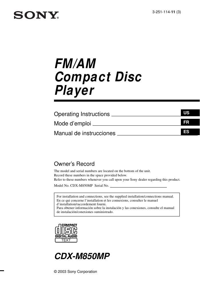 sony cdx m 850 mp owners manual