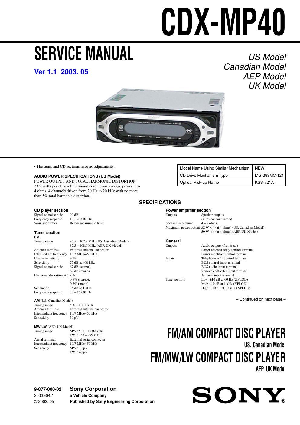 sony cdx mp 40 service manual