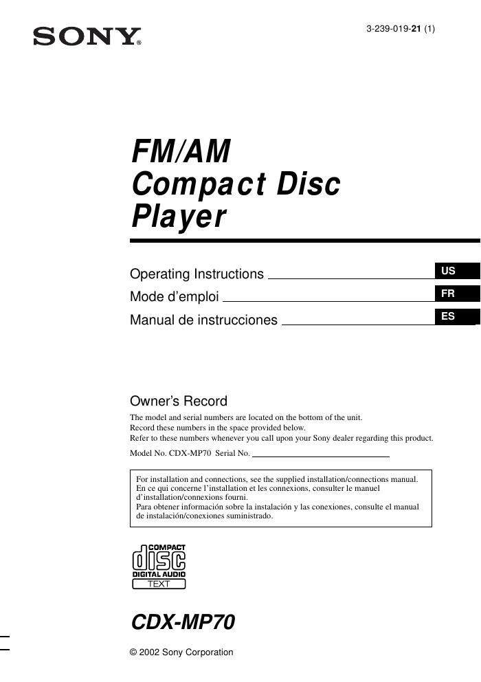 sony cdx mp 70 owners manual