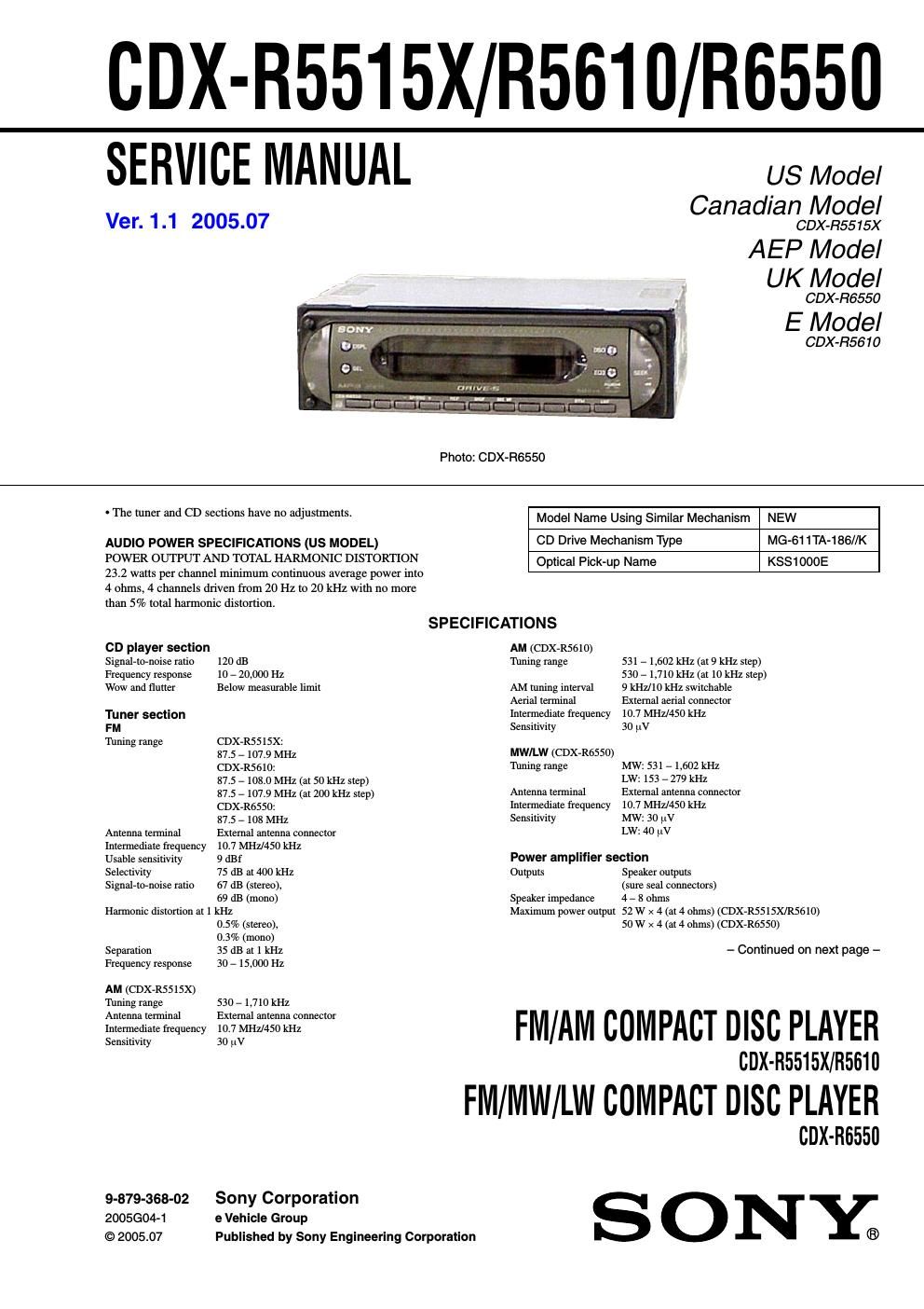 sony cdx r 551 sx service manual