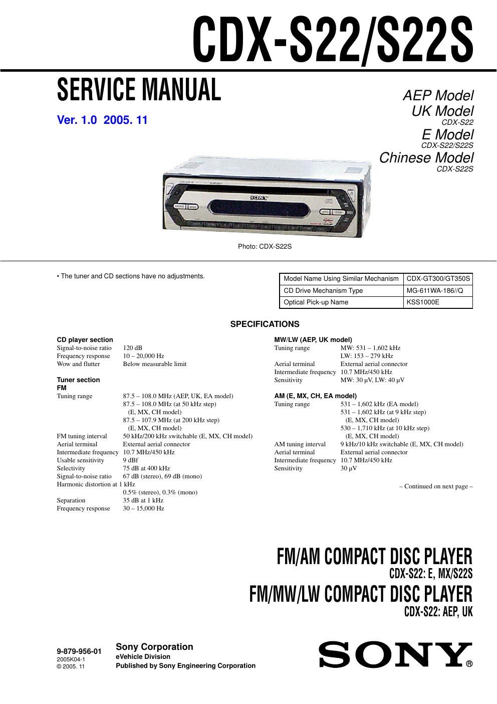 sony cdx s 22 service manual