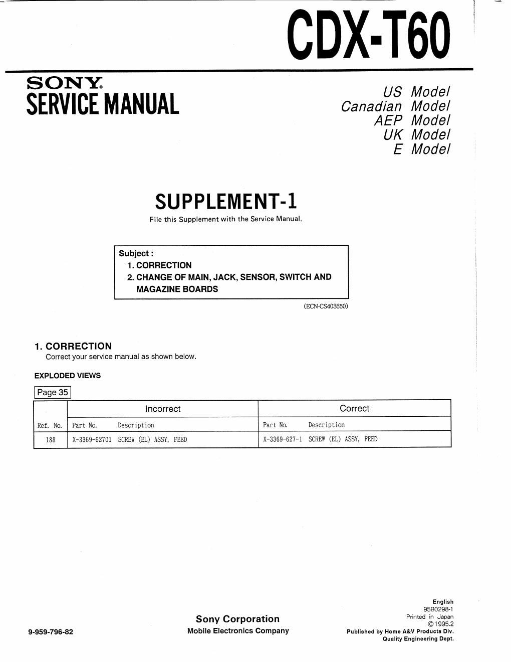 sony cdx t 60 service manual