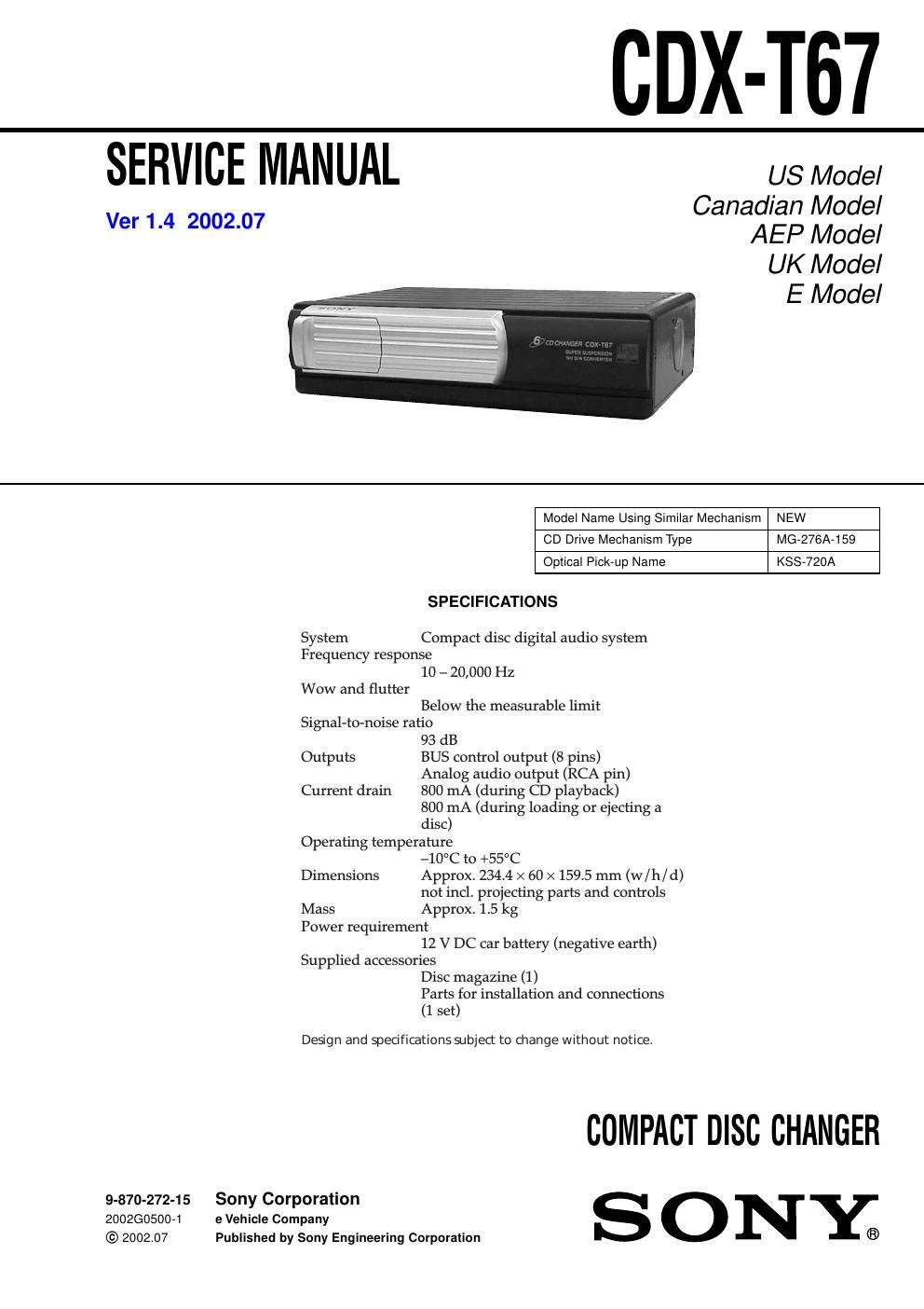 sony cdx t 67 service manual