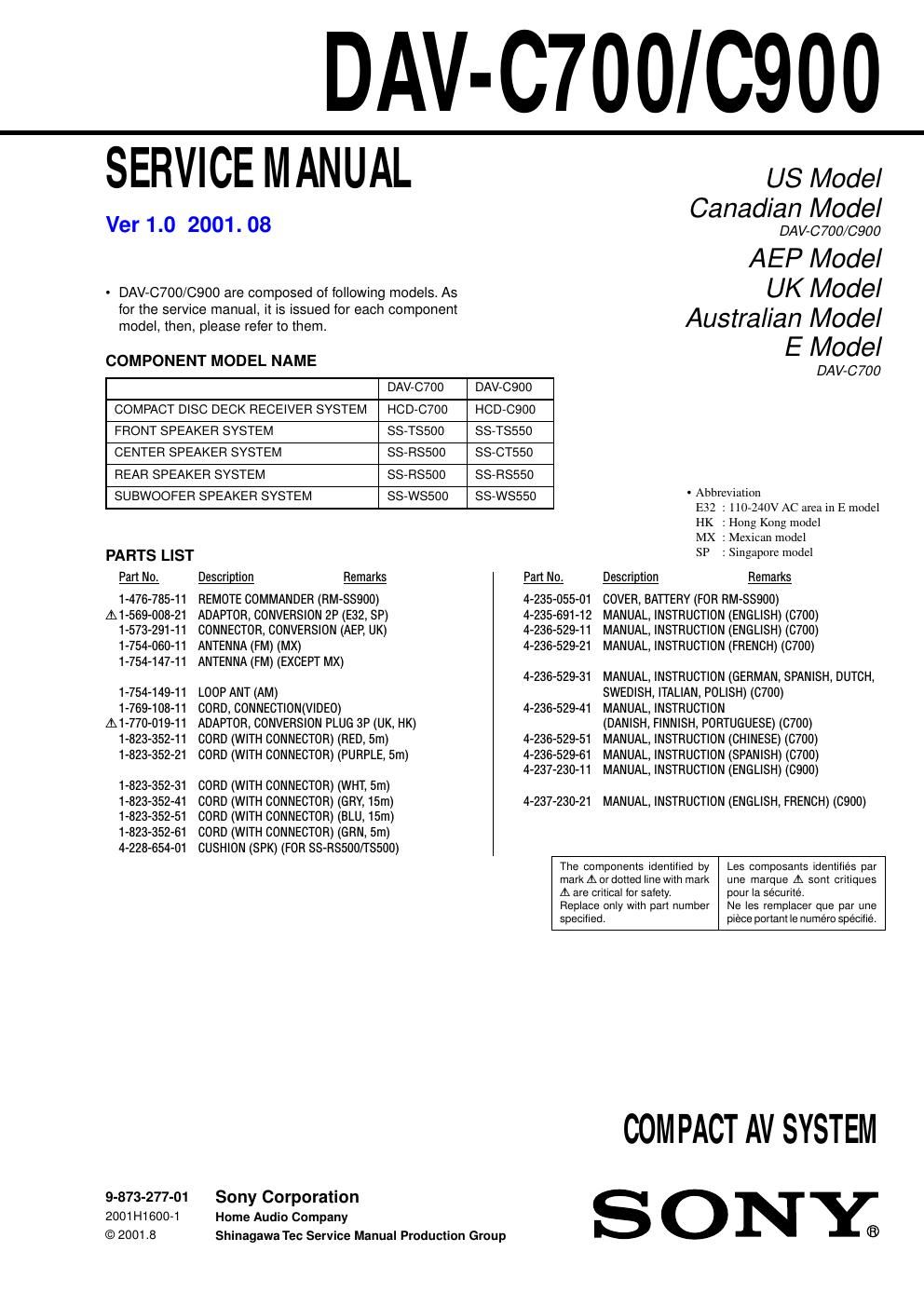 sony dav c 700 service manual