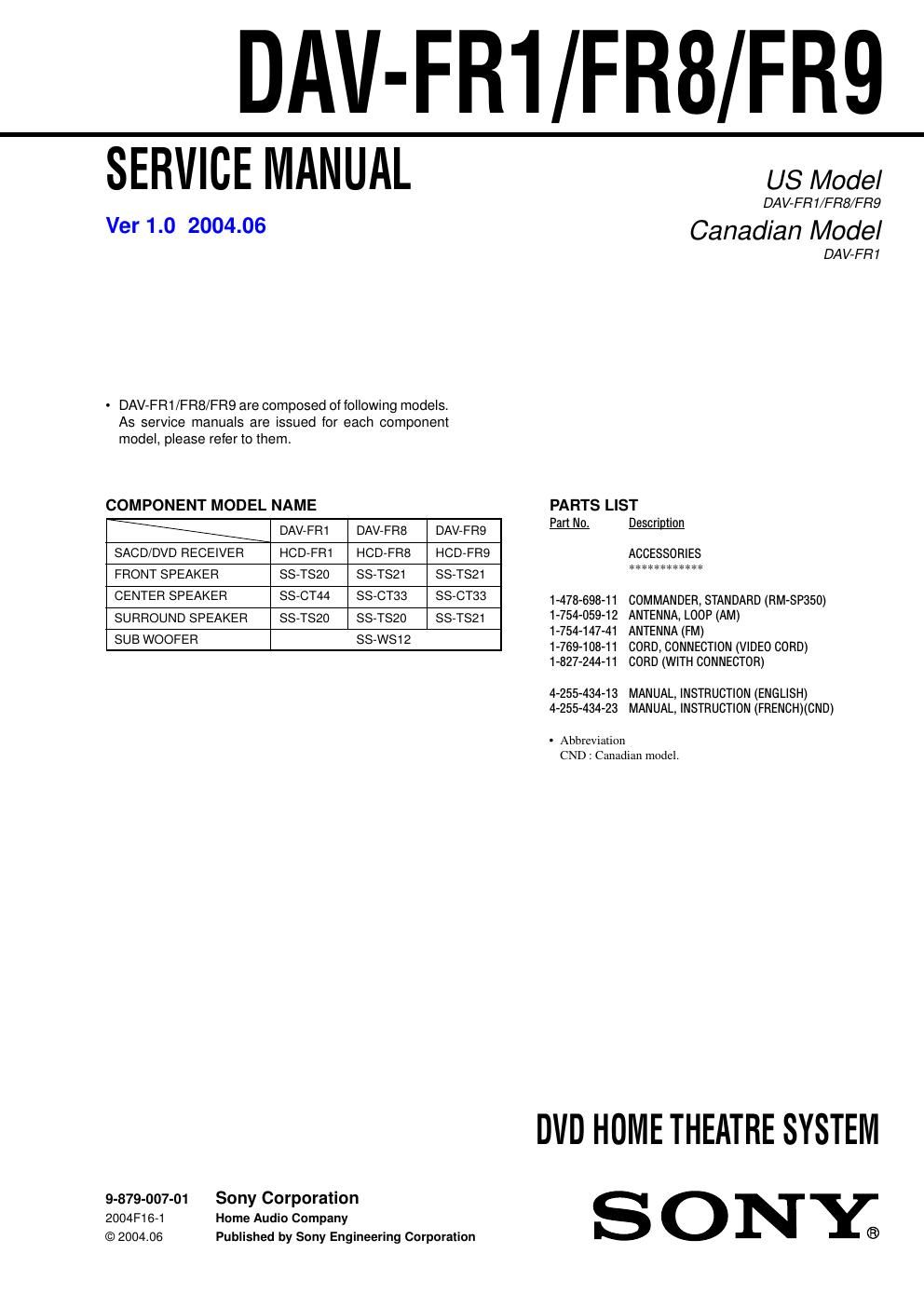 sony dav fr 9 service manual