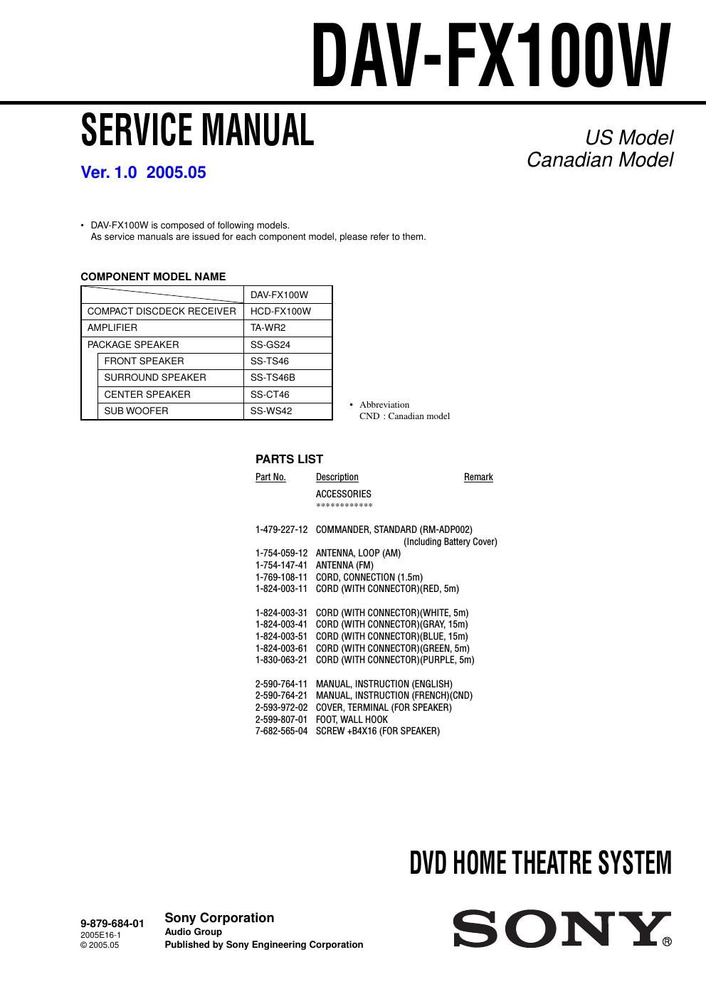 sony dav fx 100 w service manual