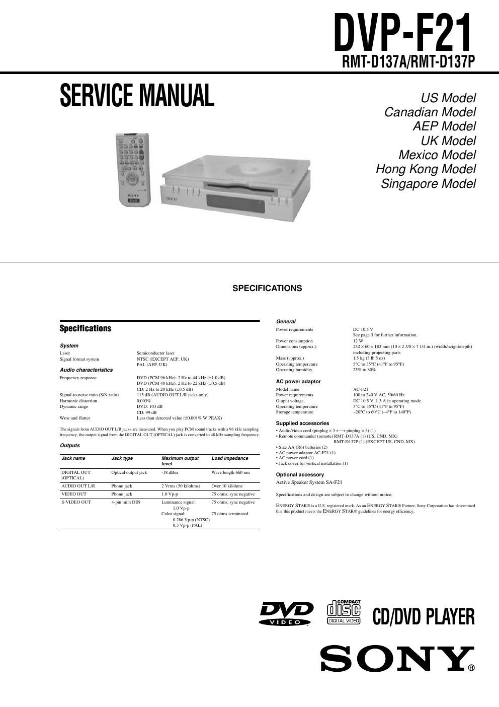 sony dvpf 21 service manual