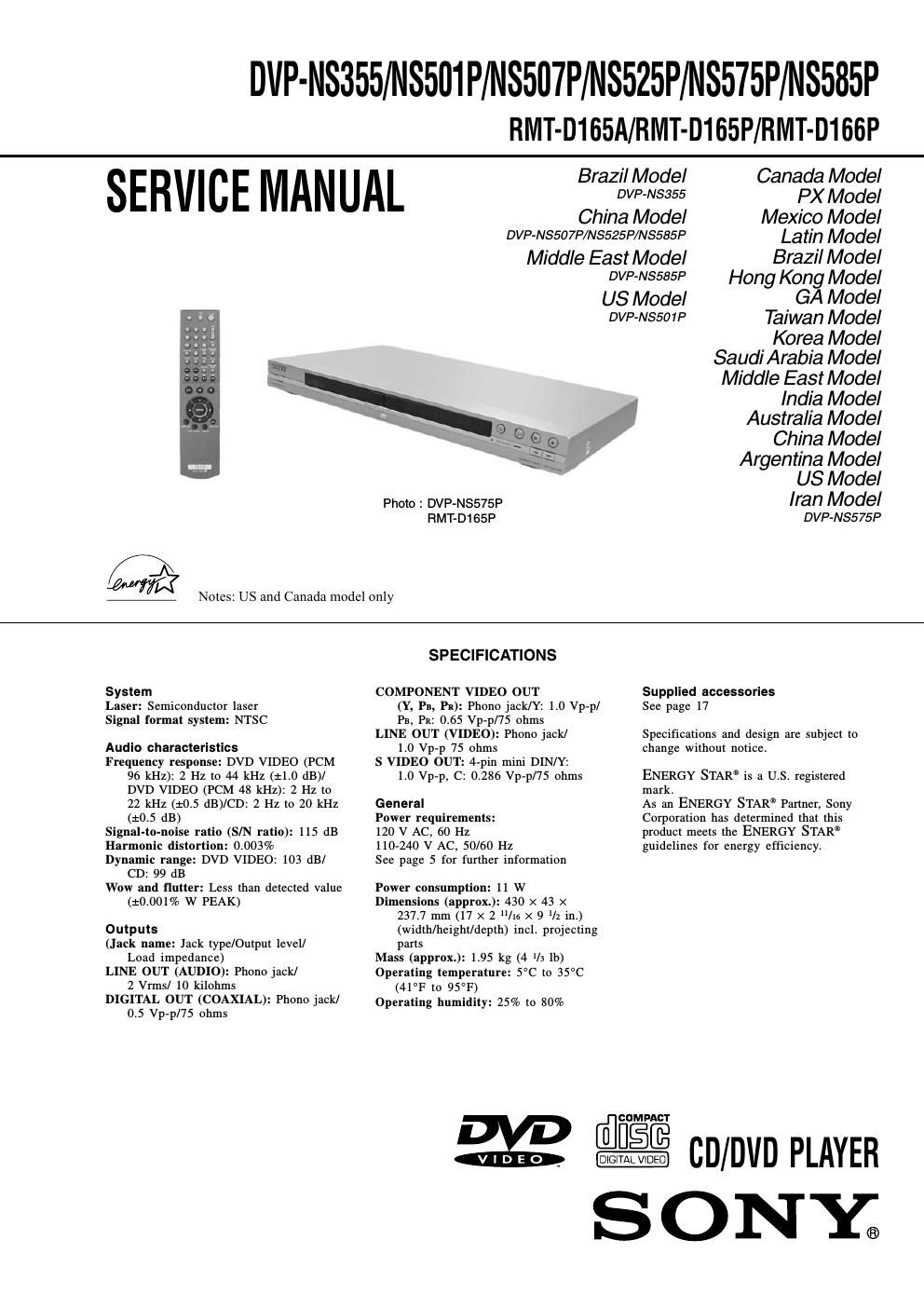 sony dvpns 525 p service manual