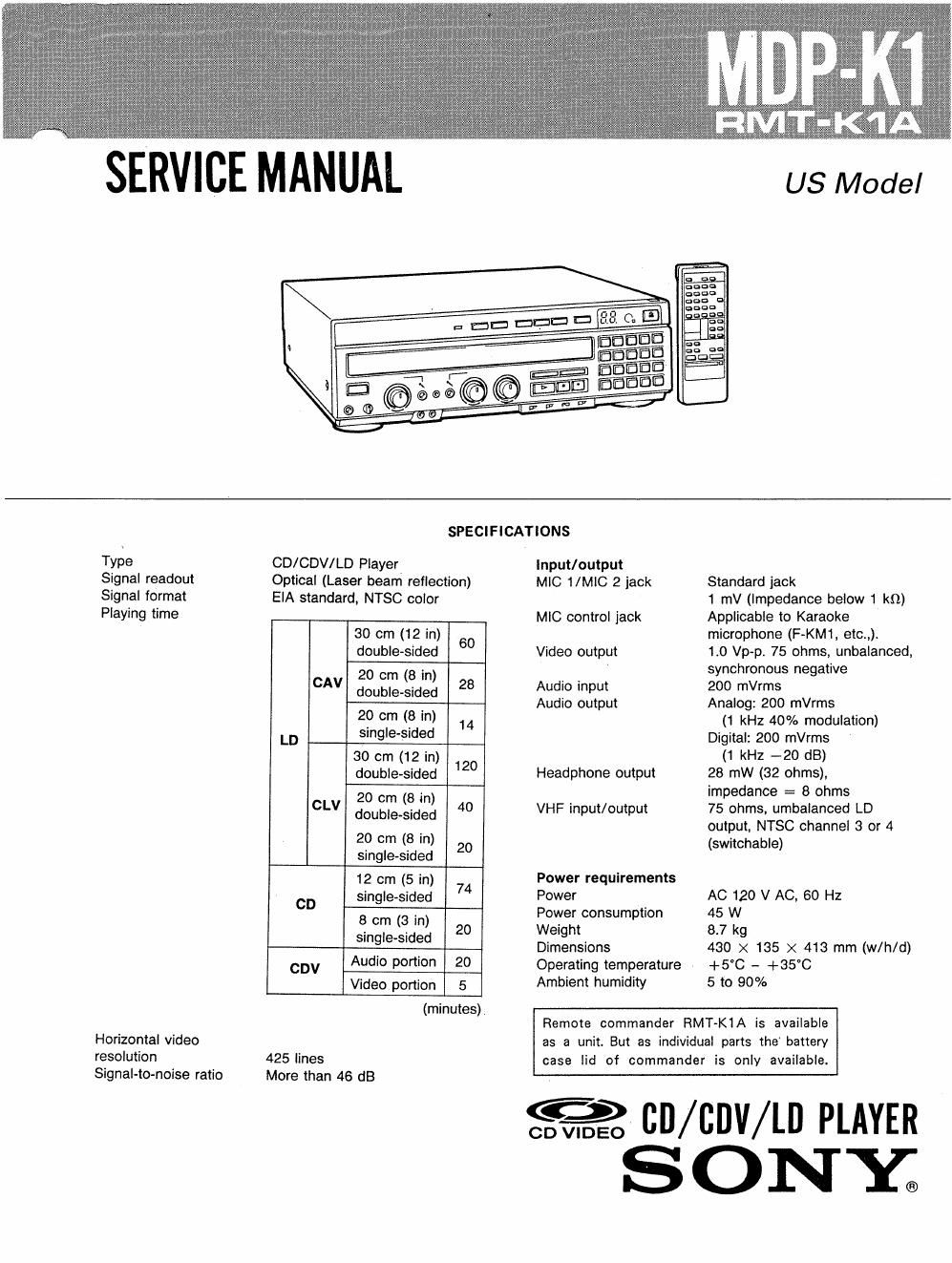 sony mdp k 1 service manual