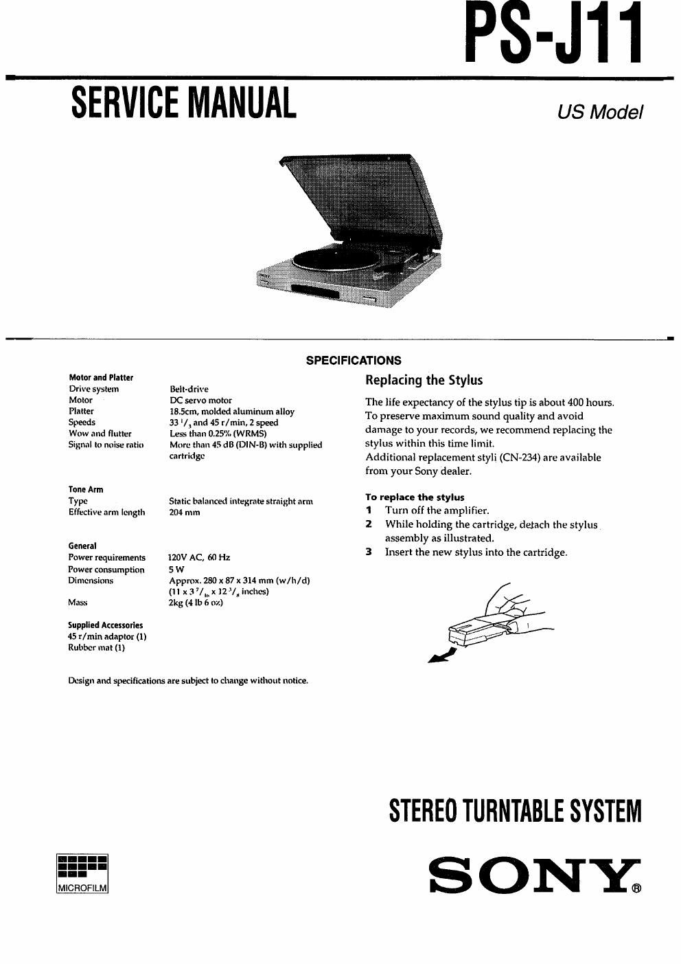 sony ps j 11 service manual