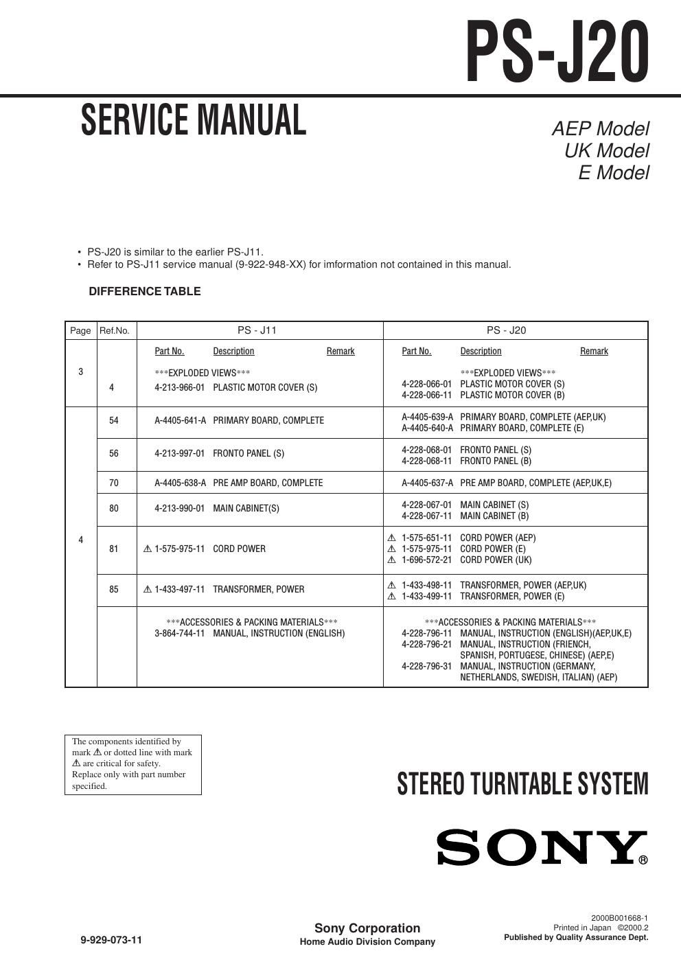 sony ps j 20 service manual