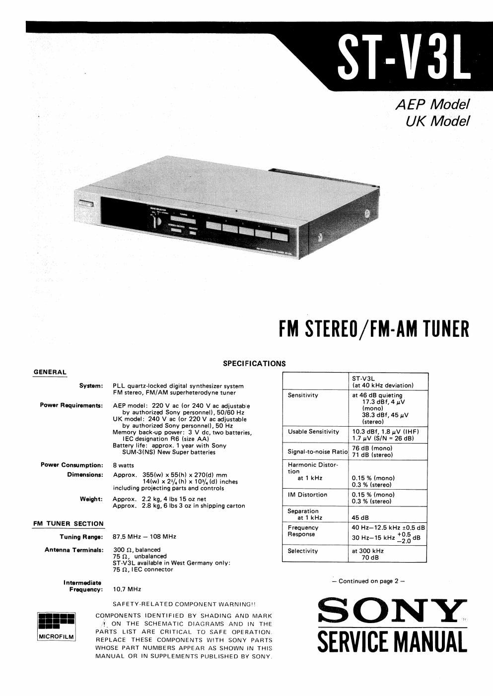 sony st v 3 l service manual