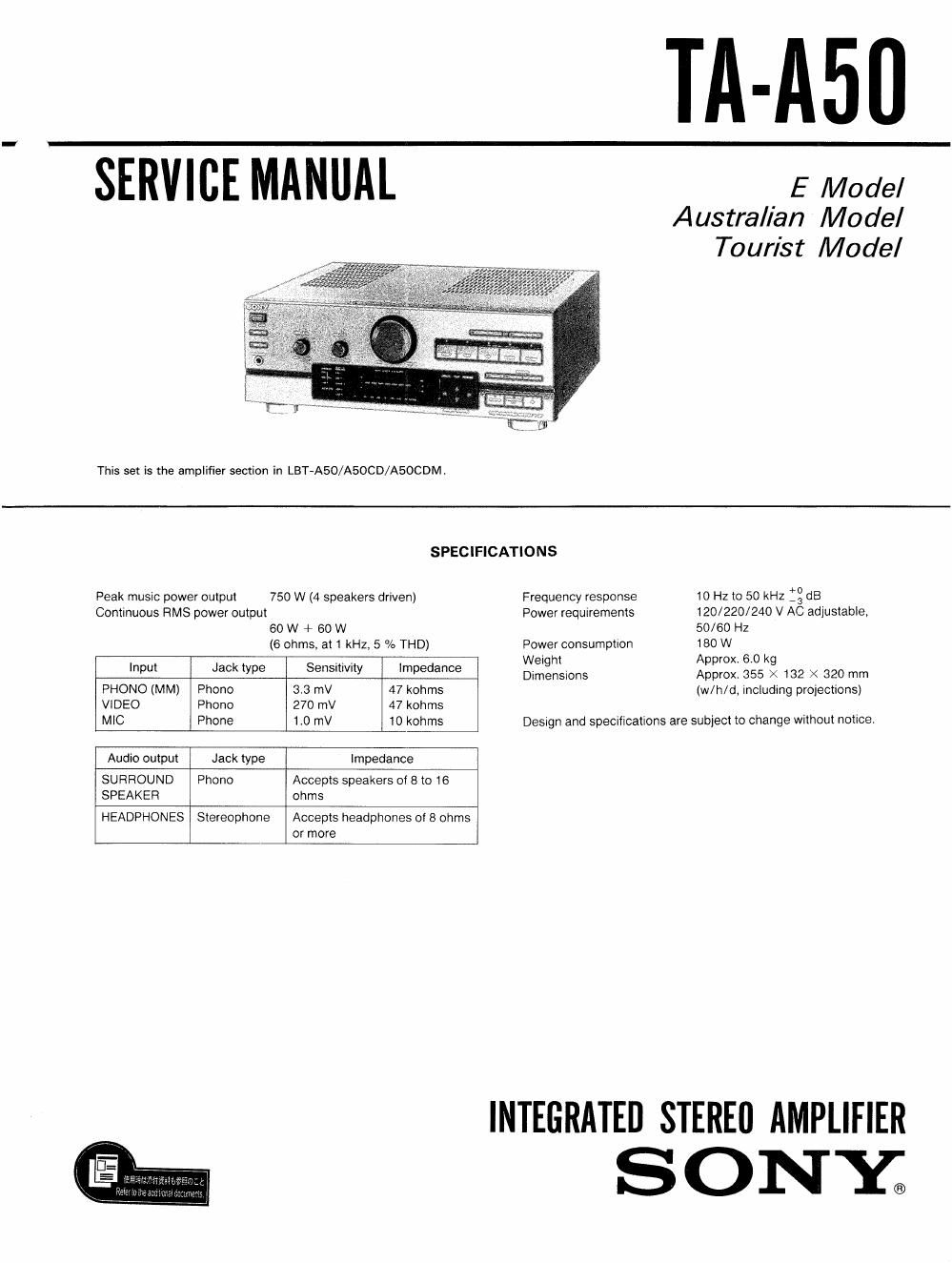 sony ta a 50 service manual