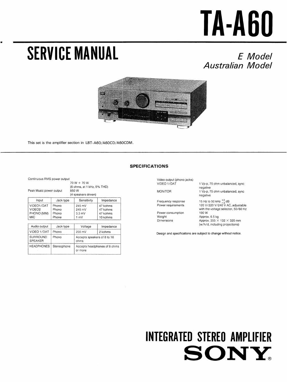 sony ta a 60 service manual