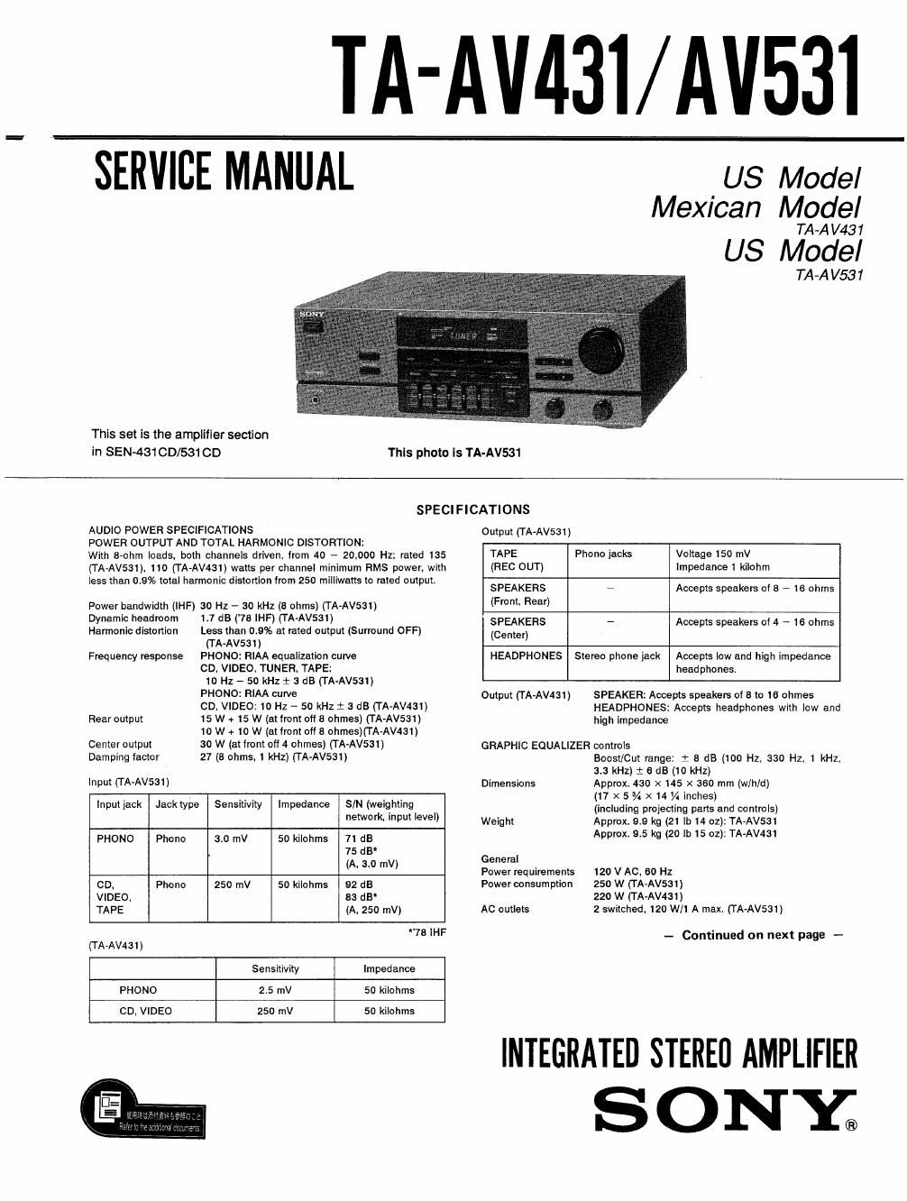 sony ta av 431 service manual